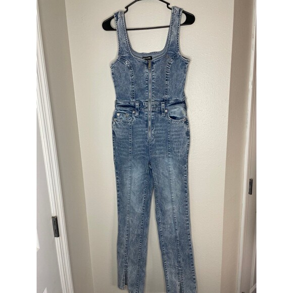 True Religion Denim Jumpsuit Womens Size S Blue Front Zip Slit Overalls - Picture 2 of 9